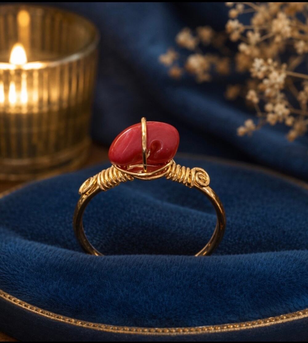 Handcrafted Red Coral Wire Wrapped Gold Filled Statement Ring